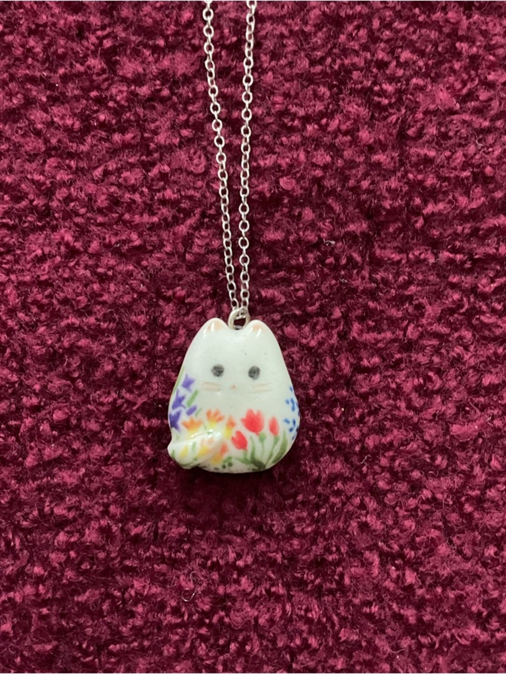 Cute White Ceramic Cat Floral Charm on 925 Silver Necklace